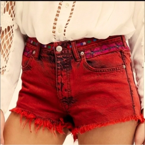 Free People Sun Break Red Denim Shorts 24 - Picture 14 of 14